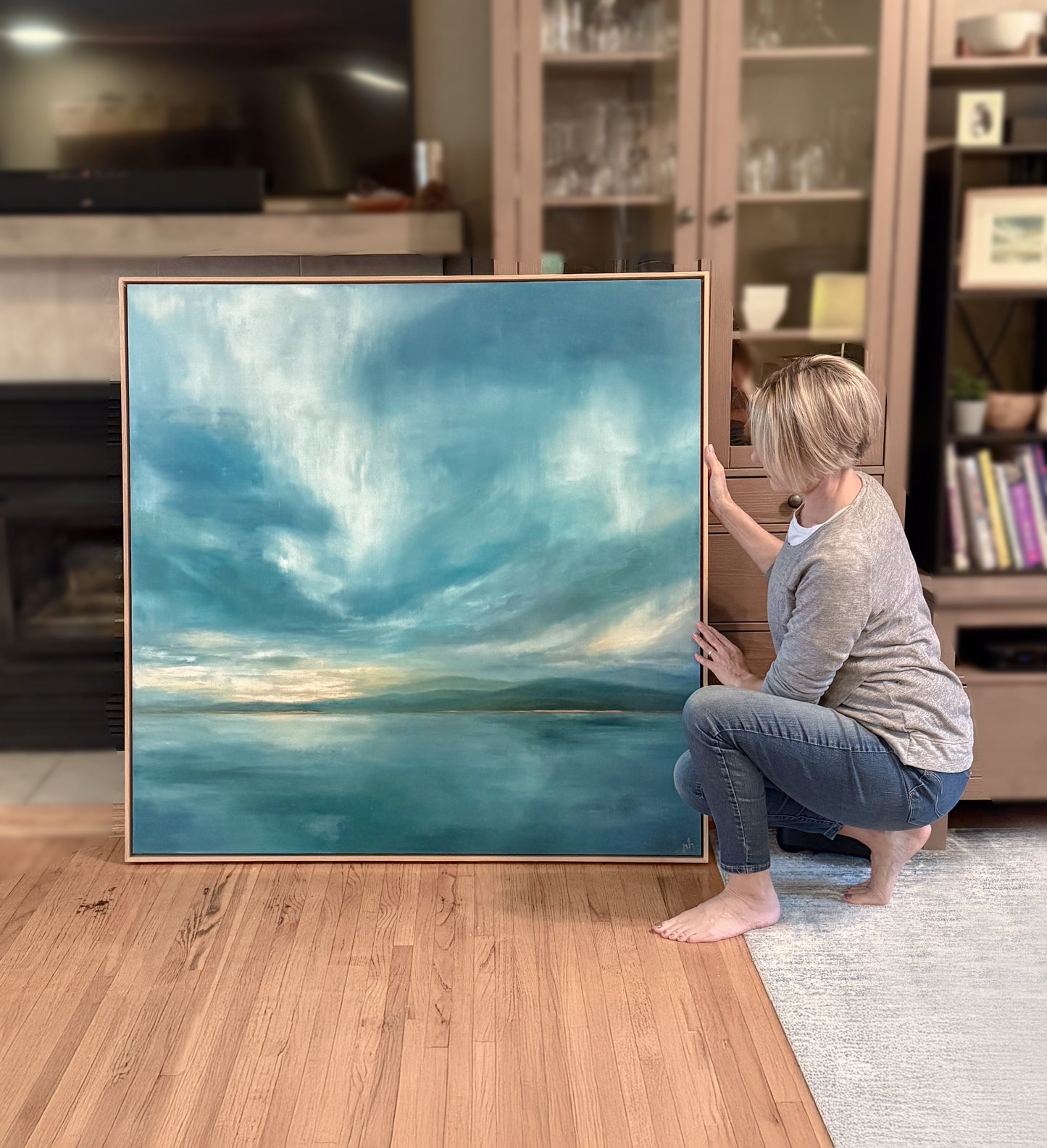 48 x 48 original oil & wax painting with custom solid ash frame - commission